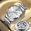 Silver stainless steel men's watch with day-date display and transparent case back - Silver White Dial (Mechanical Back)