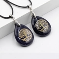 Tree of Life teardrop blue sand stone pendant necklace with black braided cord - Blue Sandstone With Black Braided Rope