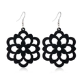 Macro detail of black hollow flower wooden drop earrings with silver metal hooks - Style 15 (Carved Floral)