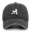 Close-up of embroidered white poodle motif on washed dark gray cotton baseball cap - Army Green