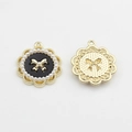Golden lace round pearl pendant with black enamel and bow detail for DIY earrings - Black