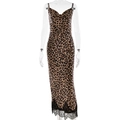 Slanke maxi-jurk met luipaardprint, v-hals en elegante zwarte kanten zoomrand - S / Luipaardprint