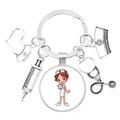 Silver doctor keychain with stethoscope, syringe, nurse hat and cute cartoon figure - Q Version Nurse Side