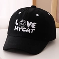 Detailed view of black cotton baseball cap with white LOVE MY CAT embroidery and cat motif - Black / 52cm 2-5 Years Old