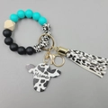 Silicone bead keychain bracelet in turquoise and cow print with Mama cow head tag - Teal