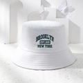 White canvas bucket hat with green Brooklyn New York embroidery for sun protection - One Size / White