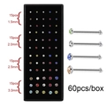 60pcs set of stainless steel L-shaped nose studs with crystal zircons in four sizes - Straight Bar (1.5-3.0mm) / 60pcs/box / Silver Bar + Colorful Zircon