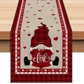 Detail view of Valentine's gnome table runner with red buffalo plaid pattern on wood - Red Plaid Hat Gnome LOVE Style (ZQ42-19) / 33*183cm