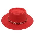 Detail of red straw flat top boater hat with a decorative gold chunky chain band - One Size / Red (with Acrylic Chain Decor)