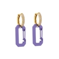 Zirconia encrusted gold hoop earrings with matte purple rectangular geometric pendants - Purple
