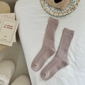Dusty pink ribbed mid-calf socks for women in a cozy minimalist home bedroom setting - One Size / Grey Pink