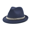 Cappello fedora blu navy con fascia decorata da borchie argentate e stile jazz classico - M (56-58cm) / Blu navy