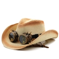 Steampunk western cowboy straw hat with metallic goggles and decorative gears in beige - M (56-58cm) / Beige Rust Red Gradient