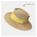 Beige straw boater hat with a bright yellow silk ribbon bow for summer beach sun protection - 55-58cm Adjustable / Beige with Yellow Ribbon