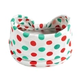 Close-up of a white fabric headband with red and green polka dots and a cute bow tie - Style 27 (Christmas)