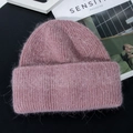 Plush pink angora knit beanie for women with double-layer thick thermal texture - M (56-58cm) / Mauve