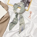 Slim grey-green silk hair scarf with horse and geometric patterns tied in a bow knot - Space Horse Beige Green
