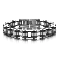 Vista macro detallada de pulsera de cadena de bici negra y plata con sello de acero inox - Negro Acero