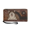 Retro Braune PU-Leder Geldbörse mit Husky-Illustration, Reißverschluss und praktischer Handschlaufe - Brauner Husky