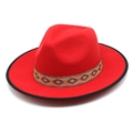 Vintage wool felt jazz fedora hat in dark red with ethnic embroidery ribbon band - M (56-58cm) / Red with Black Edge