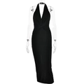 Elegante zwarte maxi-jurk met halternek, knoopontwerp aan de voorkant en sexy V-hals - M / Zwart