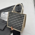Compact linen handbag featuring a stylish black and white houndstooth pattern pocket - Zipper Style / Black