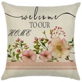Linen decorative pillow cover with pink flowers and welcome to our home print - 18x18 Inch / Welcome to Our Home Pink Stripe (LYD398-1)