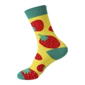 Yellow cotton mid-calf socks with red strawberry pattern and green trim accents - Yellow Strawberry