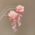Macro detail of handmade pink flower earrings with delicate beaded tassel fringes - Silver Earring Post Handmade Woven Flower Style (35#)