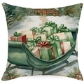 Christmas cushion cover featuring a green watercolor sleigh with gifts on linen - YMD15-27 (Snowy Sleigh)