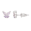 Silver butterfly stud earrings with pale pink and purple cubic zirconia crystals - Silver Light Pink Purple