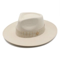Elegant beige wide brim wool fedora hat with a houndstooth band and gold M buckle detail - M(56-58cm) / Off White