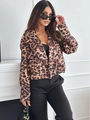 Detail van korte luipaardblazer met reverskraag en dubbele rij knopen voor dames - S / Bruine Luipaard
