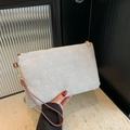 Beige floral straw envelope clutch bag with white flower prints and brown handle - White Floral / White