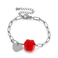 Silver stainless steel bracelet featuring a large red hexagonal bead and heart charm - Silver Red Hexagonal Bead (KB145364-Z)