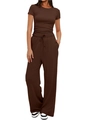 Detail of dark brown lounge set with short sleeve crew neck top and wide leg drawstring pants - S / Coffee