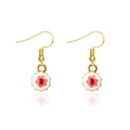 Golden hook earrings featuring red teardrop stones and white petal details with reflection - Donut Floral Red White