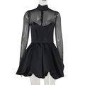Elegant slim fit black dress with high neck mesh long sleeves and satin bubble hem skirt - S / Black