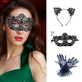 Black lace cat ears headband with matching eye mask and ruffle mesh gloves set - 018 Black Set (Include Headband/Mask/Mesh Gloves)