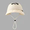 Detail of kids cotton sun hat in beige with black Boston embroidery and adjustable drawstring - 50cm (1-3 Years) / Off White