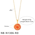 Vue détaillée du pendentif émail rouge 16mm sur une chaîne dorée de 1mm avec des dimensions - Pendentif Rayon de Soleil Rouge (NB-N1306-RD)