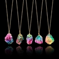 5-piece vintage bohemian golden wire-wrapped iridescent rainbow crystal necklaces - Colorful Natural Crystal Pendant