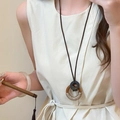 Long leather cord necklace featuring black ring and rope-wrapped wooden circle charm - Coffee Double Ring Style
