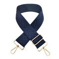 Detail of 5cm wide navy blue bag strap with geometric embroidery and gold metal clips - Dark Blue