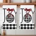 Set of 2 white Christmas kitchen towels with JOY text and red bow ornament print - JOY Christmas Ball Style (MJBT66-47) / 2 Pieces/Pack (40*60cm) / Black White Plaid Border White