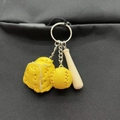 Mini yellow softball glove with wooden bat keychain accessory for sports bags - Yellow