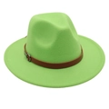 Detailed view of neon green wool fedora with a brown leather belt and silver metal buckle - Fruit Green
