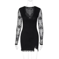 Detail of floral lace texture on long sleeve black bodycon dress with V-neck and side slit - S / Black