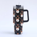 Detail of 40oz stainless steel tumbler with handle and festive Christmas reindeer patterns - Black Christmas Reindeer