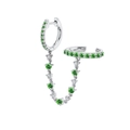 Silver chain earring with green emerald hoops and crystals for a trendy look - Single Piece / Green/White Gold Color